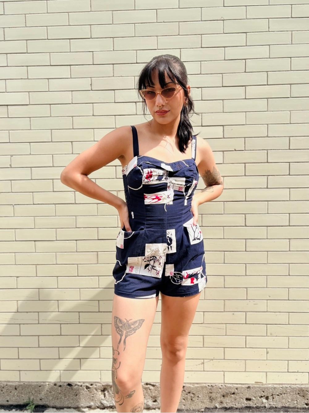 Vintage 1950s Alfred Shaheen Navy Japanese Print Romper Swimsuit Size Small - Picture 2 of 12